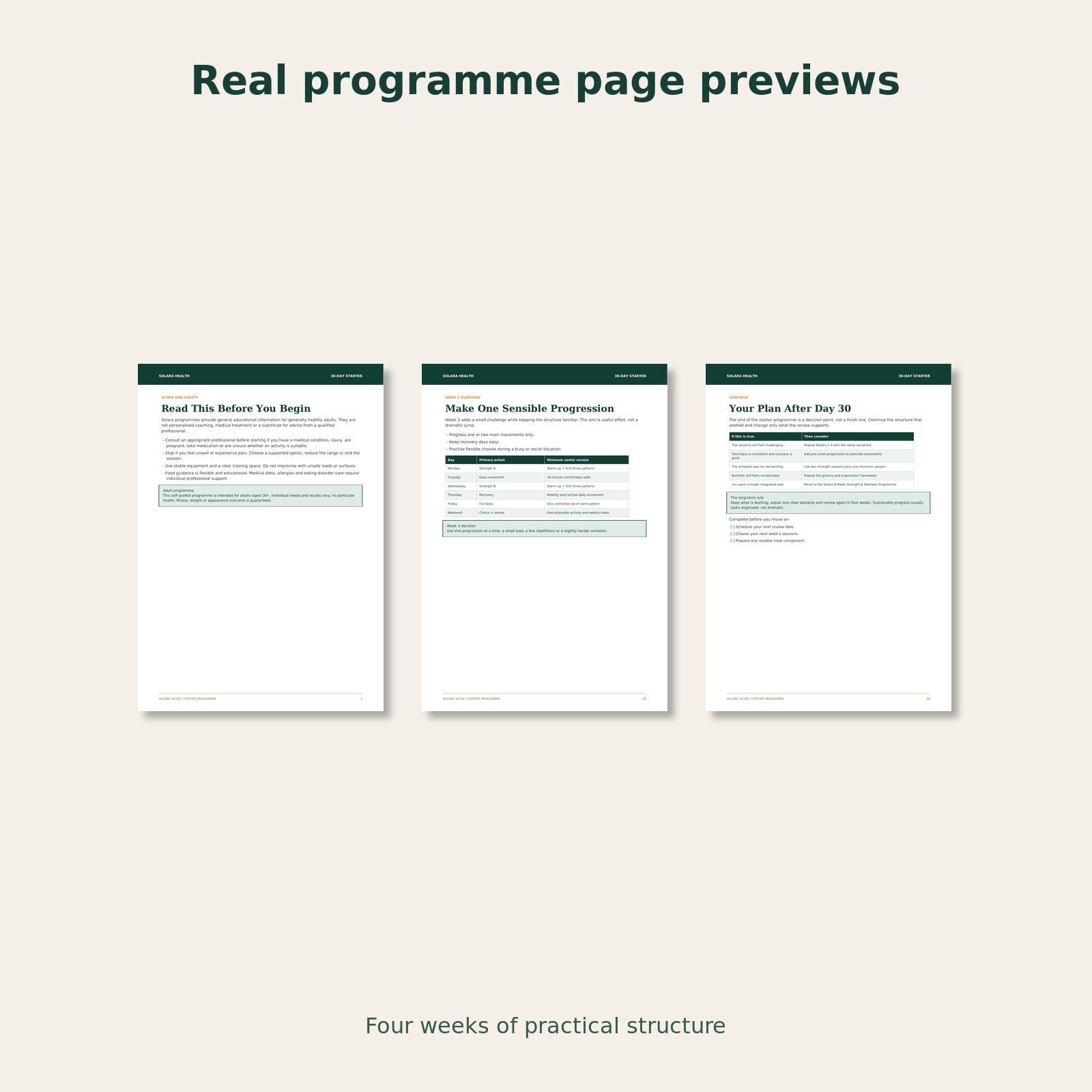Real page previews from the Solara 30-day starter programme