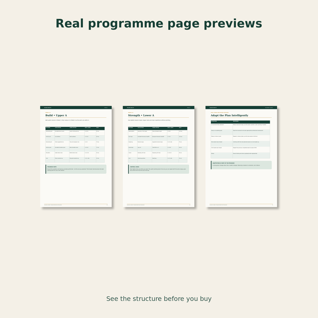 Real page previews from the Solara 8-week strength and wellness programme