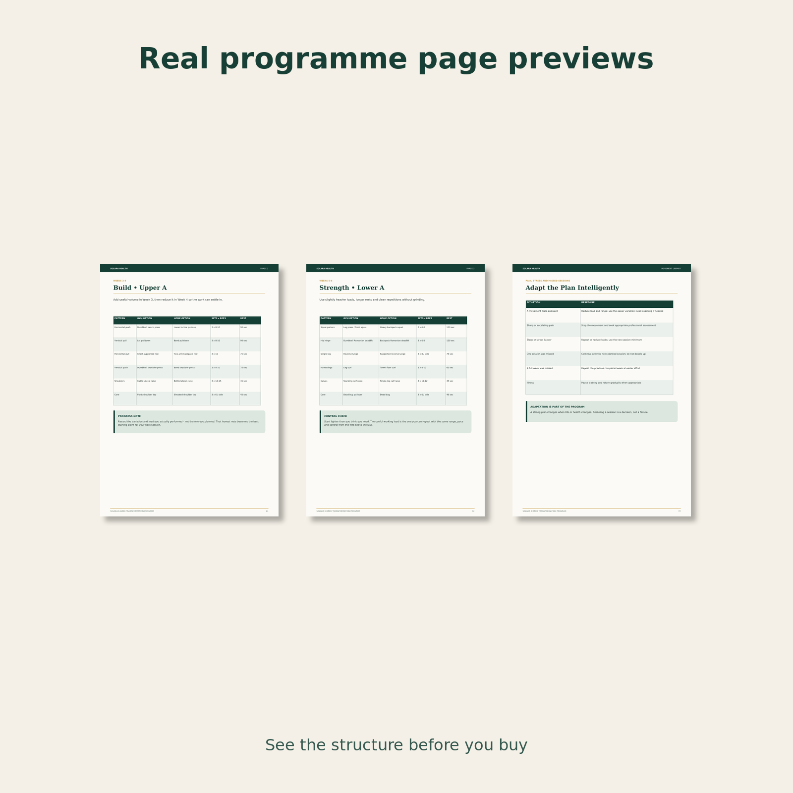 Real page previews from the Solara 8-week strength and wellness programme