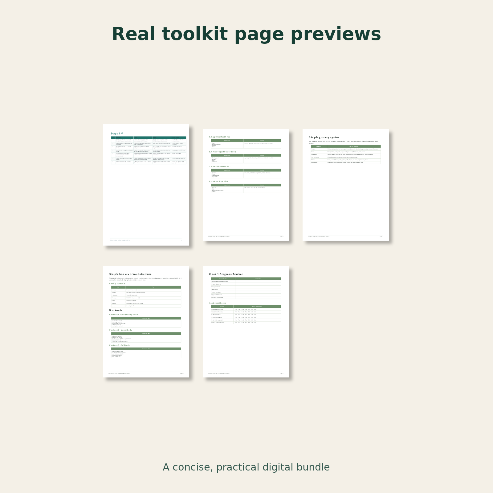 Real page previews from the Solara Essentials Toolkit