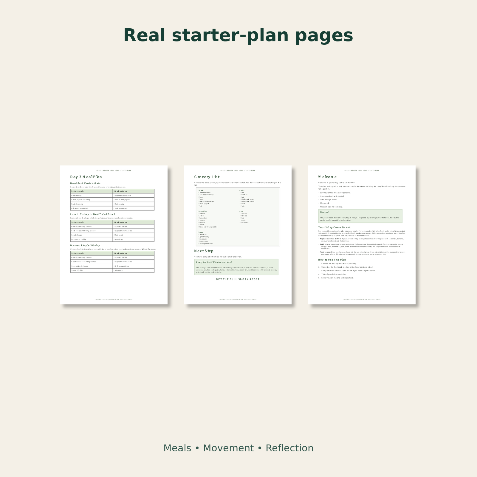 Real page previews from the free Solara starter plan