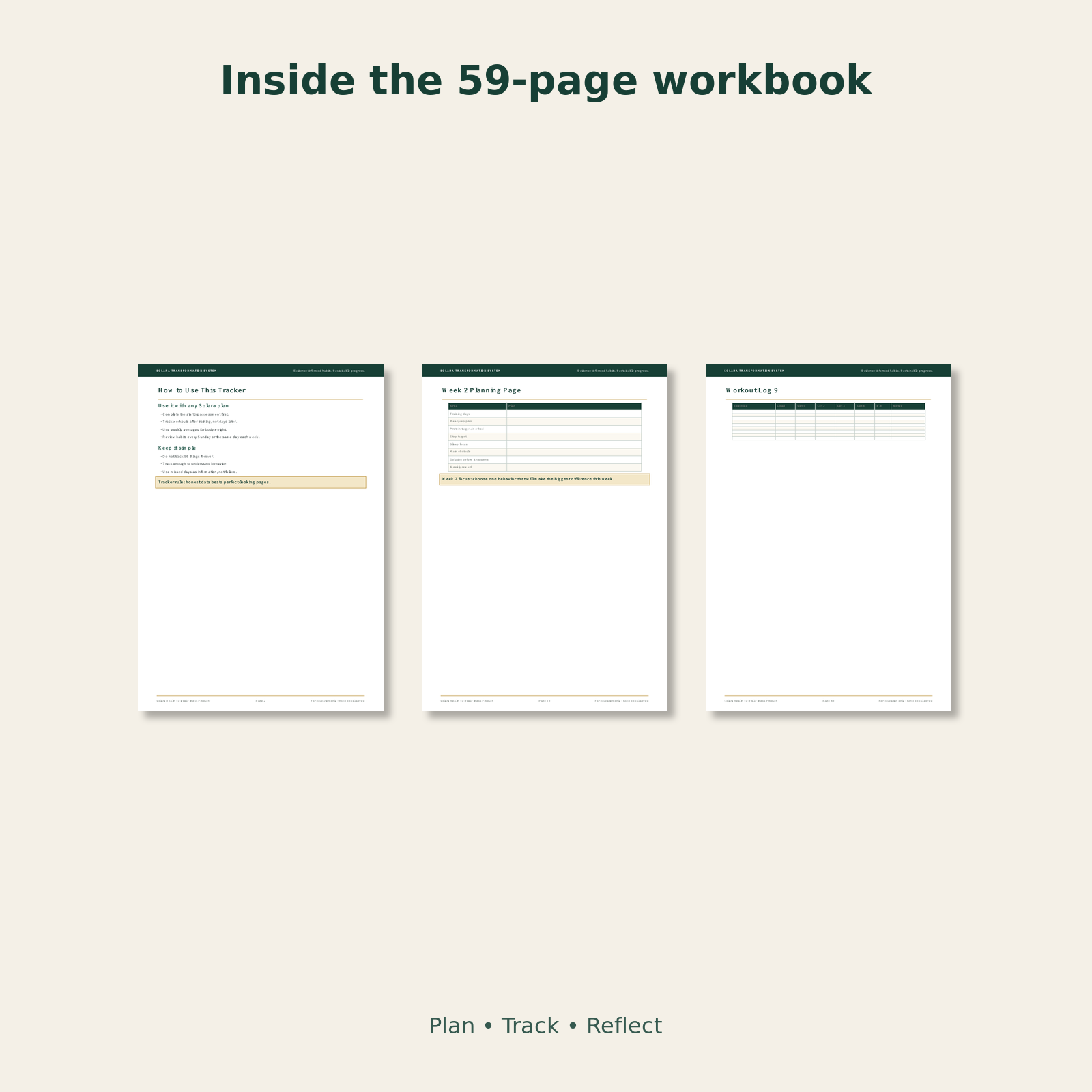 Inside the Solara 59-page progress tracker workbook