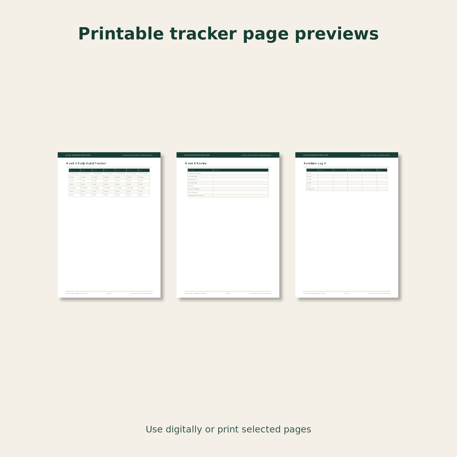 Printable page previews from the Solara progress tracker workbook